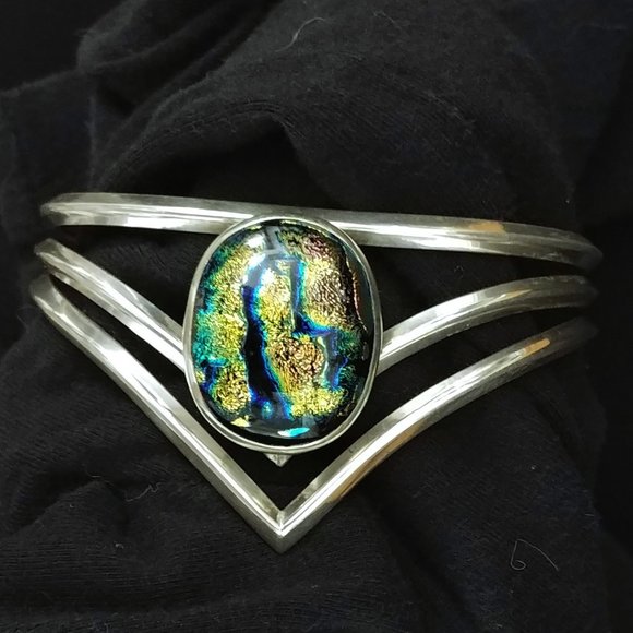 Jaw-Dropping Triple Strand Heavy Gauge 925 Silver Dichroic RULA GLASS Bracelet - Picture 7 of 9